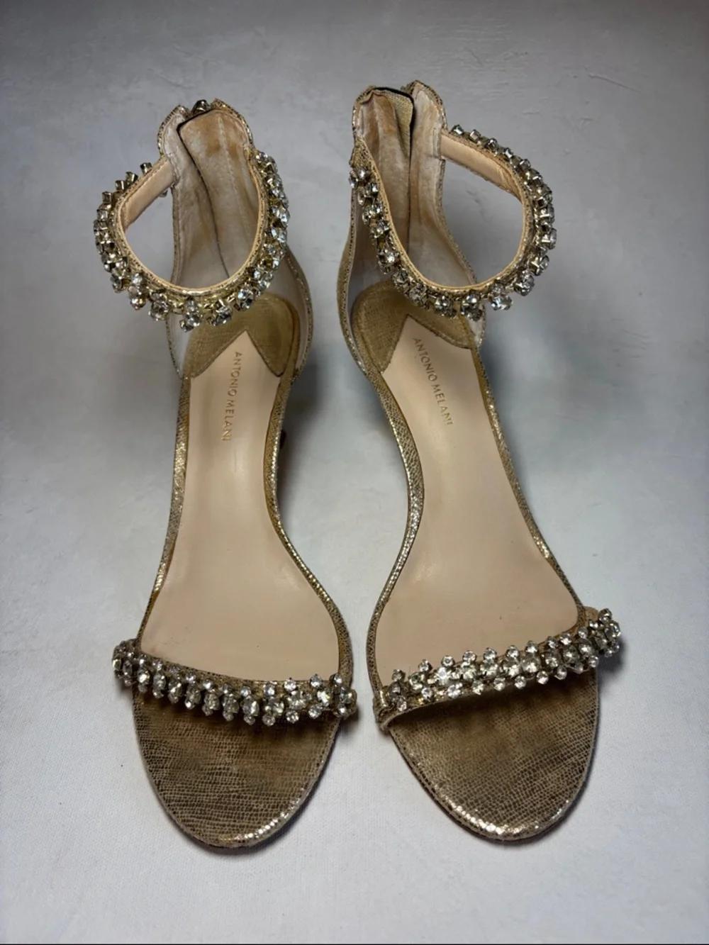 ANTONIO MELANI Gold Rhinestone Ankle-Strap Heels, size 7.5